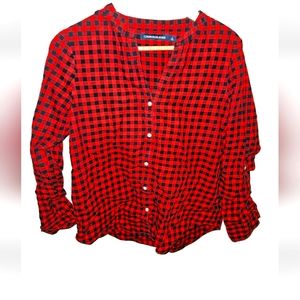 Calvin Klein Womens Shirt Size M  Red & Black Button-Up Collarless Flannel Shirt